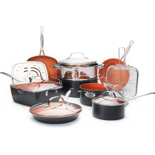  [아마존베스트]Gotham Steel Ultimate 15 Piece All in One Chef’s Kitchen Set Copper Coating  Includes Skillets, Stock Pots, Deep Square Pan with Fry Basket