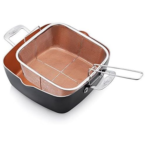  [아마존베스트]Gotham Steel - 6 Quart XL Nonstick Copper Deep Square All in One 6 Qt Casserole Chef’s Pan & Stock Pot- 4 Piece Set, Includes Frying Basket and Steamer Tray, Dishwasher Safe