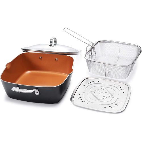  [아마존베스트]Gotham Steel - 6 Quart XL Nonstick Copper Deep Square All in One 6 Qt Casserole Chef’s Pan & Stock Pot- 4 Piece Set, Includes Frying Basket and Steamer Tray, Dishwasher Safe