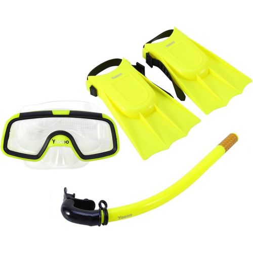  GOTOTOP Kinder Schnorchel Set, Schwimmbrille, Atemschlauch, Tauchflosse Perfekt fuer 6-10 jahrige Kinder Tauchen und Schnorcheln (Gelb)