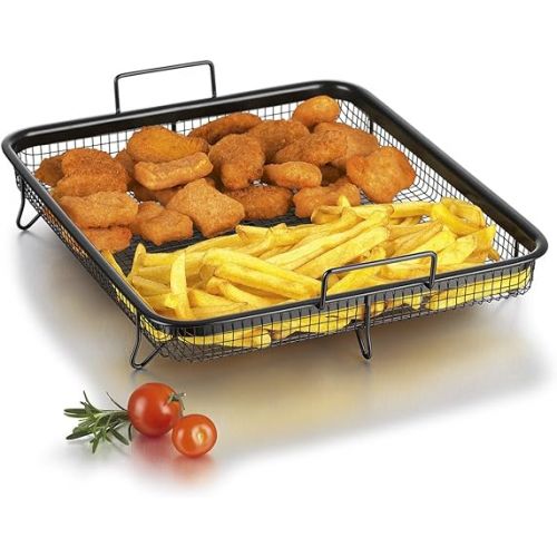  GOURMETmaxx Stainless Steel Basket, Grill Tray, for Low-Fat hot air Cooking in The Oven, BPA and PFOA Free (Square, 33 x 28 x 5 cm), Aluminium