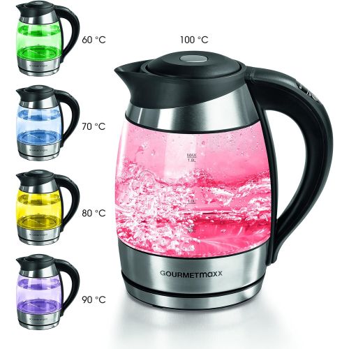  GOURMETmaxx 09861 LED Glas Wasserkocher Mit Innenbeleuchtung & Temperatureinstellung | BPA Frei | Flaches Heizelement | 1,8 Liter Fassungsvermoegen | 360 Grad | Edelstahl Teekocher