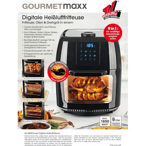  GOURMETmaxx Digitale XXL Heissluft-Fritteuse, Frittieren ohne Fett, 9 Liter Mini-Backofen mit Umluft, 1800 Watt, Hochwertiger Kunststoff/Edelstahl (Schwarz)