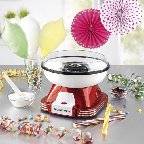  GOURMETmaxx Zuckerwattemaschine fuer Zuhause mit Zubehoer | Retro Cotton Candy Machine Nostalgie mit Zuckerwatte-Stabchen und Mess-Loeffel | Zuckerwatte fuer Kinder Party [Rot Weiss]