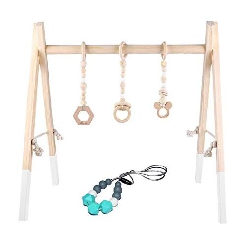  GOZYE Baby Play Activity Gym Frame with Wooden Baby Teething Mobiles & Silicone Teething Necklace for Newborn Gift(White)