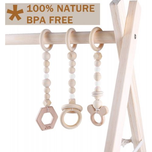  GOZYE Baby Play Activity Gym Frame with Wooden Baby Teething Mobiles & Silicone Teething Necklace for Newborn Gift(White)