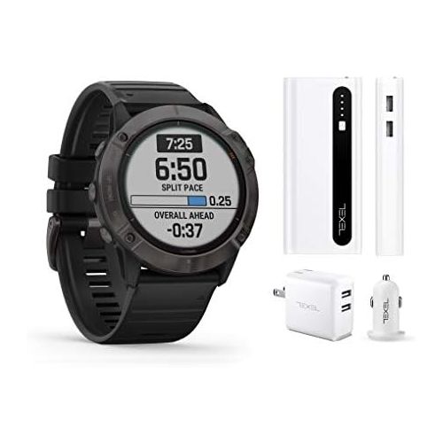  GPS City Garmin Fenix 6X Pro Solar Titanium Carbon Gray DLC with Black Band, Premium Multisport GPS Watch (010-02157-20) and Texel 10,000mAh Portable Battery Pack, Wall and Car Charger Bund