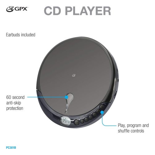 [아마존베스트]GPX PC301B Portable CD Player with Stereo Earbuds and Anti-Skip Protection (PC301B)