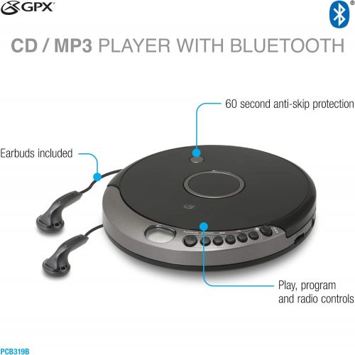  [아마존베스트]GPX PCB319B Portable Cd Player with Bluetooth, Includes Stereo Earbuds, Black