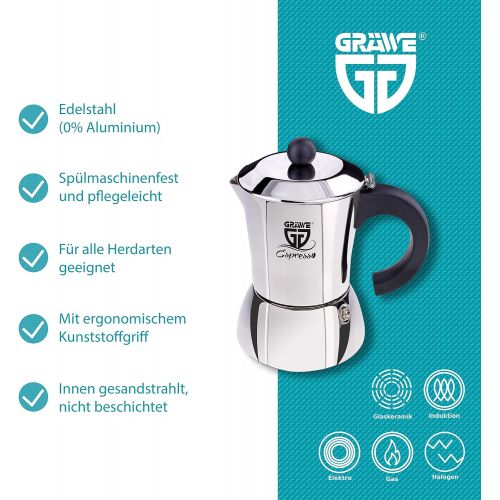  GRAEWE Espressokocher Induktion geeignet, Espressokanne aus Edelstahl fuer 6 Tassen, Klassischer Espresso Maker ohne Aluminium - 300 ml