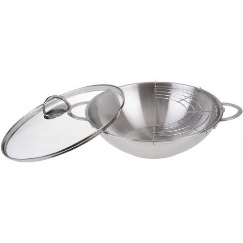  GRAEWE Edelstahl Wok 32 cm mit Glasdeckel und Ablagegitter