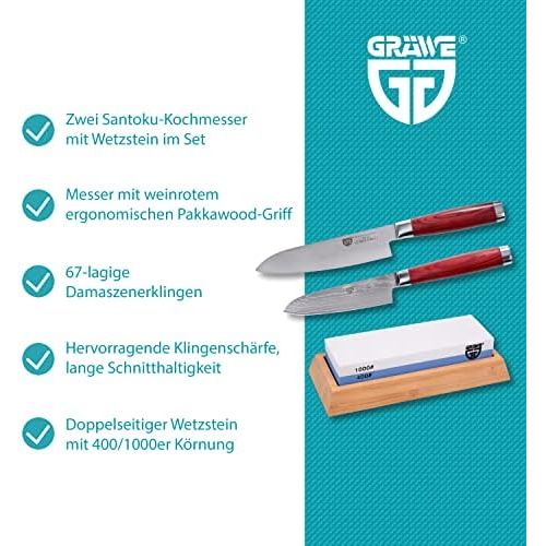  GRAEWE Damastmesser-Set - 2 Damaszener Santokumesser 12 cm / 17 cm und Wetzstein 400/1000