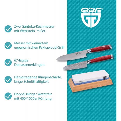  GRAEWE Damastmesser-Set - 2 Damaszener Santokumesser 12 cm / 17 cm und Wetzstein 400/1000