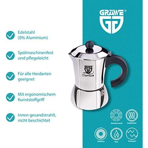  GRAEWE Espressokocher Induktion geeignet, Espressokanne aus Edelstahl fuer 4 Tassen, Klassischer Espresso Maker ohne Aluminium - 200 ml