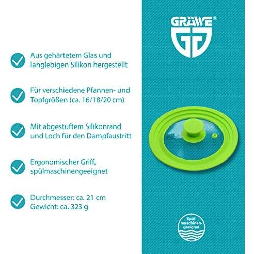  Visit the GRAEWE Store GRAEWE Universal Glass Lid Green 16-20cm for Saucepans and Pans Tempered Glass Silicone Handle with Steam Vent