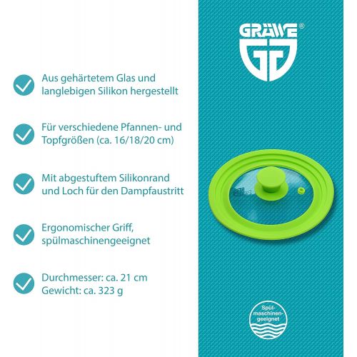  Visit the GRAEWE Store GRAEWE Universal Glass Lid Green 16-20cm for Saucepans and Pans Tempered Glass Silicone Handle with Steam Vent