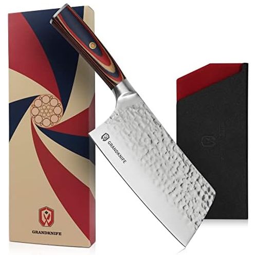  Cleaver Knife, GRANDKNIFE 7 inch Meat Cleaver, High Carbon German Stainless Steel Kitchen Knife, Professional Chef Knife for Home, Restaurant