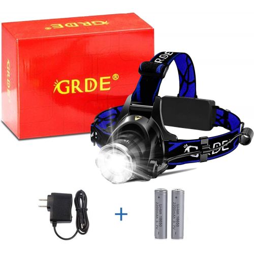  [아마존 핫딜] GRDE Headlamp, Super Bright LED Headlamps 18650 USB Rechargeable IPX4 Waterproof Flashlight with Zoomable Work Light, Hard Hat Light for Camping, Hiking, Outdoors