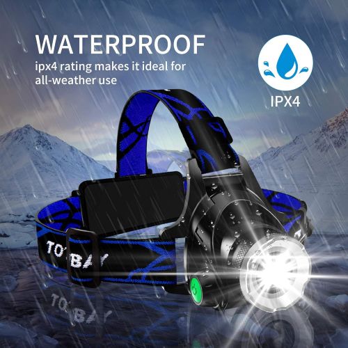  [아마존베스트]GRDE Headlamp, Super Bright LED Headlamps 18650 USB Rechargeable IPX4 Waterproof Flashlight with Zoomable Work Light, Hard Hat Light for Camping, Hiking, Outdoors (Blue)