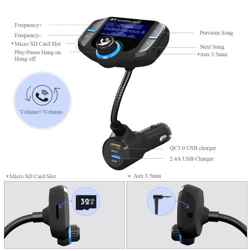  [아마존 핫딜]  [아마존핫딜]Bluetooth FM Transmitter GRDE KFZ Wireless Radio Adapter Dual USB Schnellladung 3.0 Ladegerat MP3 Player freisprecheinrichtung mit 3,5mm AUX-Eingang 1,7-Zoll-Display, TF-Karte, A2D