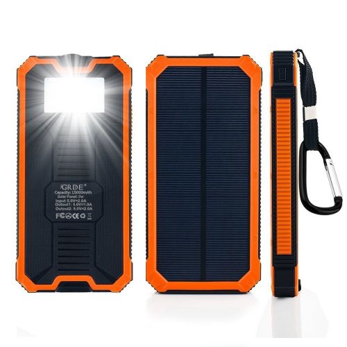  GRDE Solar Charger with 6LED Flashlight 15000mAh Solar Power Bank Dual USB External Battery Charger Cell Phone Battery Pack Outdoor Backup Charger for Bluetooth iPhone HTC Nexus Camera