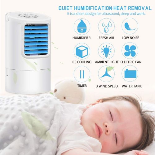  GREATSSLY Humidifier Portable Air Conditioner Fan, Mini Personal Evaporative Air Cooler Small Desktop Cooling Fan with 7 Colors LED Lights, Super Quiet Personal Table Fan Mini Evaporative Ai