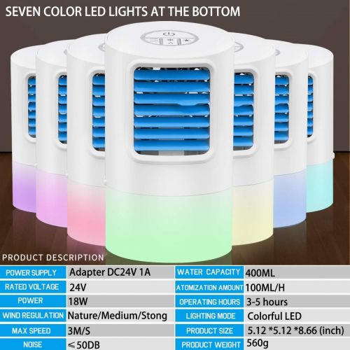  GREATSSLY Humidifier Portable Air Conditioner Fan, Mini Personal Evaporative Air Cooler Small Desktop Cooling Fan with 7 Colors LED Lights, Super Quiet Personal Table Fan Mini Evaporative Ai