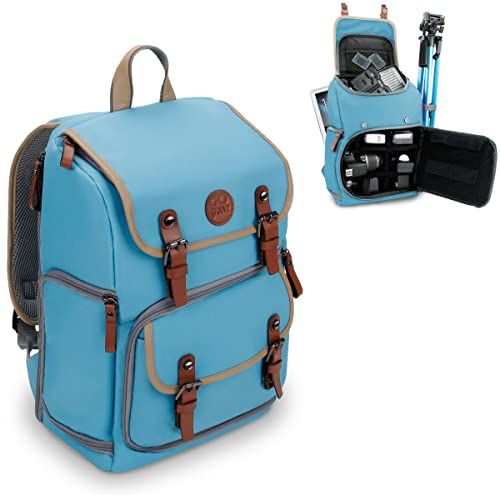 그루브 GOgroove DSLR Camera Backpack (Mid-Volume Blue) with Tablet Compartment, Customizable Dividers for Storage, Tripod Holder and Weatherproof Rain Cover - Compatible with Canon, Nikon