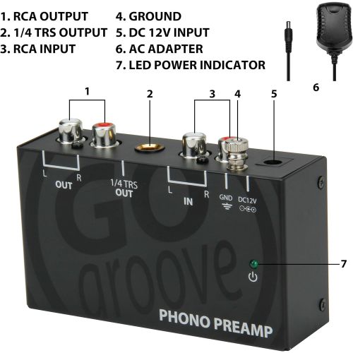 그루브 GOgroove Mini Phono Turntable Preamp Preamplifier with 12 Volt DC Adapter , RCA Input for Vinyl Record Player - Compatible With Audio Technica , Crosley , Jensen , Pioneer , 1byone