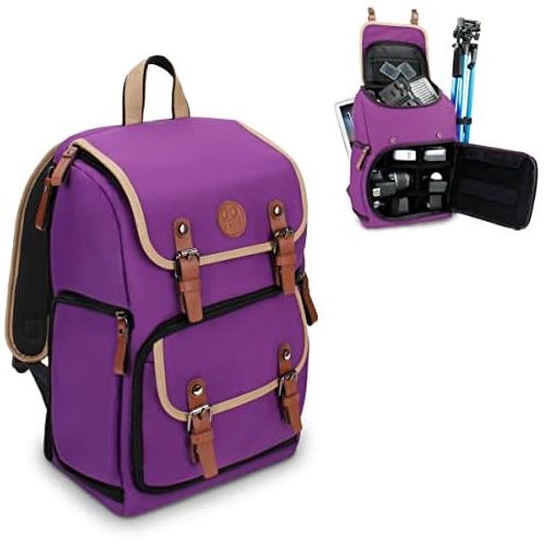 그루브 GOgroove DSLR Camera Backpack (Mid-Volume Purple) with Tablet Compartment, Customizable Dividers for Storage, Tripod Holder and Weatherproof Rain Cover - Compatible w/Canon, Nikon,