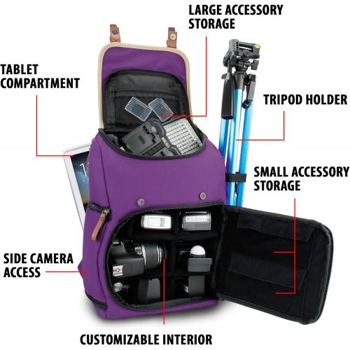 그루브 GOgroove DSLR Camera Backpack (Mid-Volume Purple) with Tablet Compartment, Customizable Dividers for Storage, Tripod Holder and Weatherproof Rain Cover - Compatible w/Canon, Nikon,