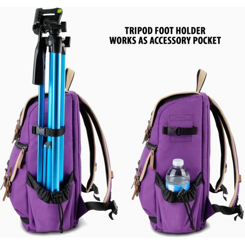 그루브 GOgroove DSLR Camera Backpack (Mid-Volume Purple) with Tablet Compartment, Customizable Dividers for Storage, Tripod Holder and Weatherproof Rain Cover - Compatible w/Canon, Nikon,