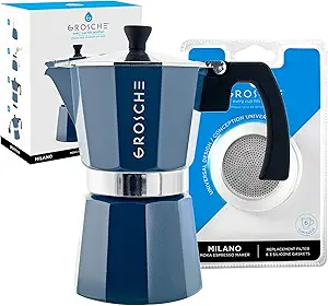 GROSCHE Milano Stovetop Espresso Maker Moka pot 6 espresso Cup - 9.3 oz, Blue and 3 Replacement Seals Gaskets Bundle Stove top coffee maker Moka Italian espresso coffee maker and replacement gaskets