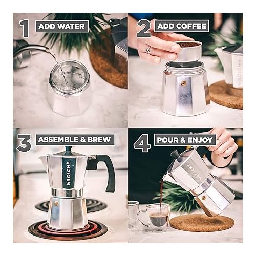  GROSCHE Milano Stovetop Espresso Maker Moka Pot 3 espresso Cup - 5oz, Silver- Cuban Coffee Maker Stove top Coffee Maker Moka Italian Espresso greca Coffee Maker Brewer Percolator