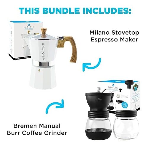  GROSCHE Milano Stovetop Espresso Maker White 6 espresso cup size and Bremen Manual Coffee grinder Bundle includes moka pot and Grinder