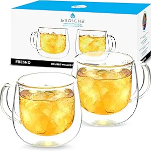 GROSCHE Fresno Double Walled Glass Coffee Mugs 9.2oz, Set of 2 - Double Wall Insulated Glasses Clear Cups for Tea, Latte, Cappucino, Espresso, Hot Cold Beverages - Borosilicate Mug for gift