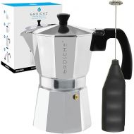 GROSCHE Milano Stove top espresso maker (6 espresso cup size 9.3 oz) Silver, and battery operated milk frother bundle for lattes