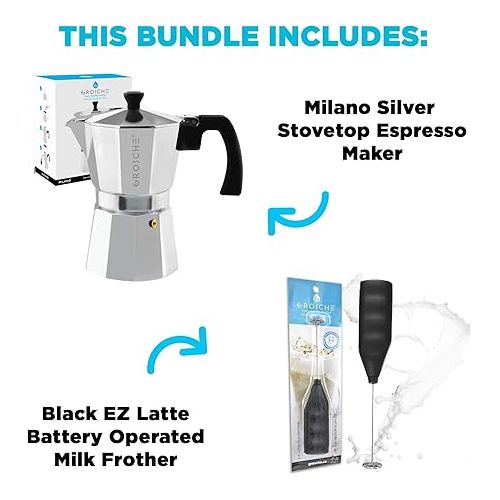  GROSCHE Milano Stove top espresso maker (6 espresso cup size 9.3 oz) Silver, and battery operated milk frother bundle for lattes