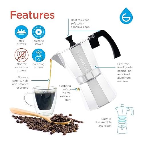  GROSCHE Milano Stove top espresso maker (6 espresso cup size 9.3 oz) Silver, and battery operated milk frother bundle for lattes