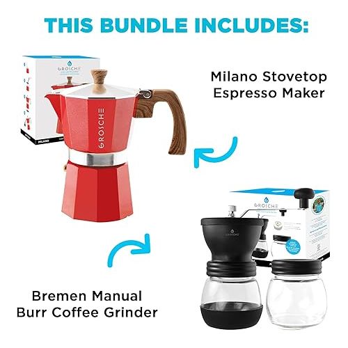  GROSCHE Milano Stovetop Espresso Maker Red 9 espresso cup size and Bremen Manual Coffee grinder Bundle includes moka pot and Grinder