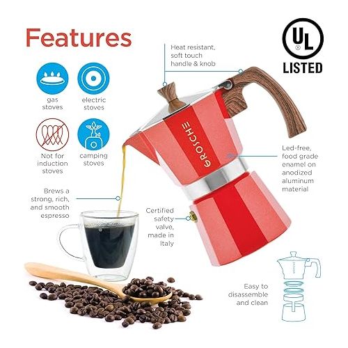  GROSCHE Milano Stovetop Espresso Maker Red 9 espresso cup size and Bremen Manual Coffee grinder Bundle includes moka pot and Grinder