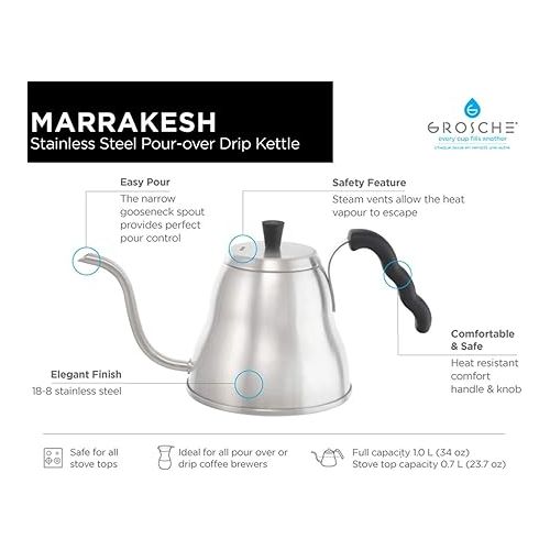  GROSCHE - Marrakesh Goosneck Kettle Stovetop - Stainless Steel Pour Over Coffee Kettle Stovetop - Tea Kettle - Stovetop Gooseneck Kettle - Coffee & Tea Kettle - Home Essentials (34 fl. oz)