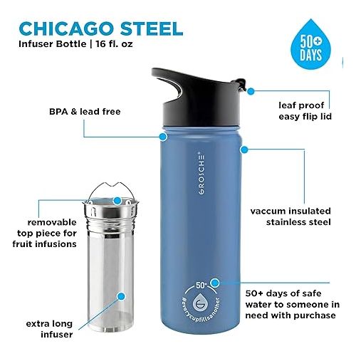  GROSCHE Chicago Stainless Steel Tea Infuser Flask | Beverage Bottle | Hot & Cold Drinks | Loose Leaf Tea Infuser | Travel Convenience Water Bottle | 16 fl oz, Blue