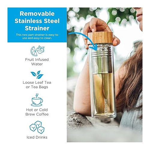  GROSCHE Copenhagen Tea and Fruit Infuser Water Bottle - Double Walled Glass | Hot & Cold Tea Infuser Bottle with Bamboo Lid and Neoprene Sleeve (425ml)