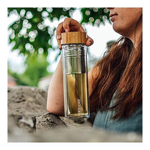  GROSCHE Copenhagen Tea and Fruit Infuser Water Bottle - Double Walled Glass | Hot & Cold Tea Infuser Bottle with Bamboo Lid and Neoprene Sleeve (425ml)