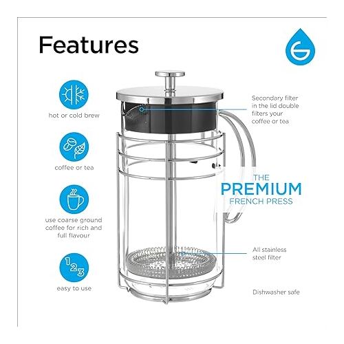  GROSCHE MADRID French Press - Premium Coffee and Tea Maker - 1.0L - 34oz - Borosilicate Glass Beaker - Dual Filter System For Rich Brew - Versatile Brewing | Stainless Steel Filter