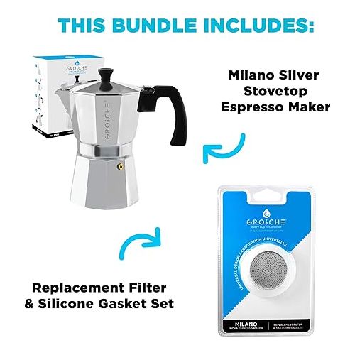  GROSCHE Milano Stovetop Espresso Maker Moka pot 6 espresso Cup - 9.3 oz, Silver and 3 Replacement Seals Gaskets Bundle Stove top coffee maker Moka Italian espresso coffee maker and replacement gaskets