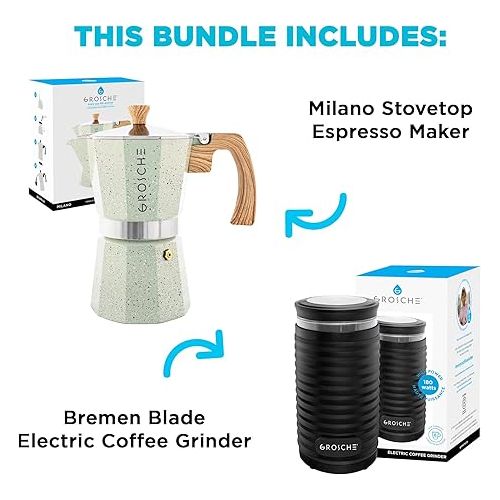  GROSCHE Milano Stone Moka pot 6 espresso cup and Bremen Blade Coffee grinder bundle for stovetop espresso coffee mocha coffee