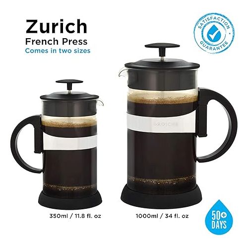  GROSCHE ZURICH French Press Coffee Maker - Black (34 fl oz, 8 Demitasse Cup) | Stainless Steel Coffee Filter | 18/8 Double Walled Stainless Steel French Press Coffee Maker | Borosilicate Glass Beaker