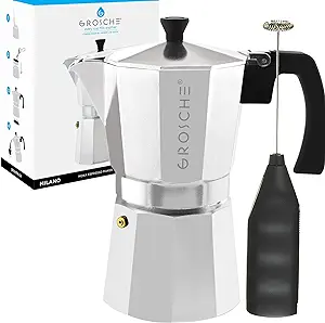 GROSCHE Milano Stovetop espresso maker (9 espresso cup size 15.2 oz) Silver, and battery operated milk frother bundle for Moka lattes